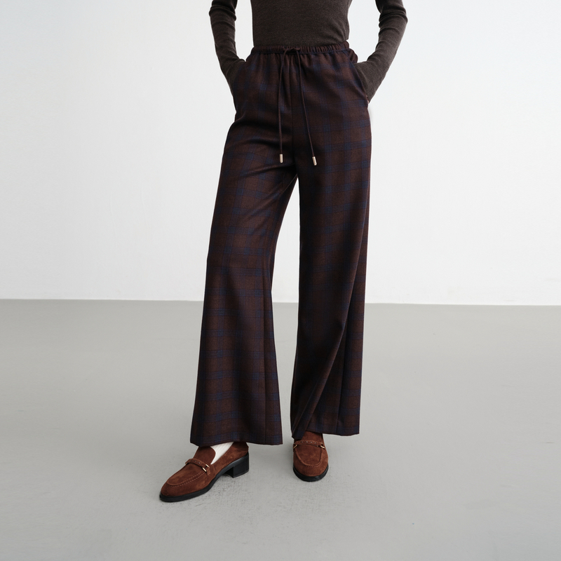 EP雅莹2025早秋新款女装 100%纯羊毛裤子宽松格纹阔腿裤6438A