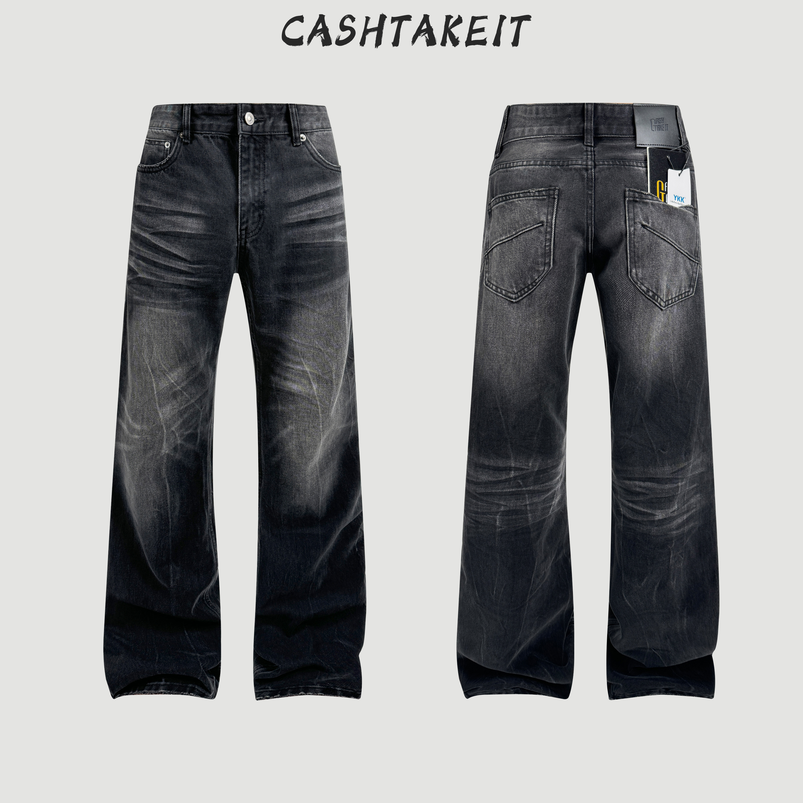 bootcut弯刀闪电黑牛“手工压皱猫须”复古做旧微喇牛仔裤cleanfit