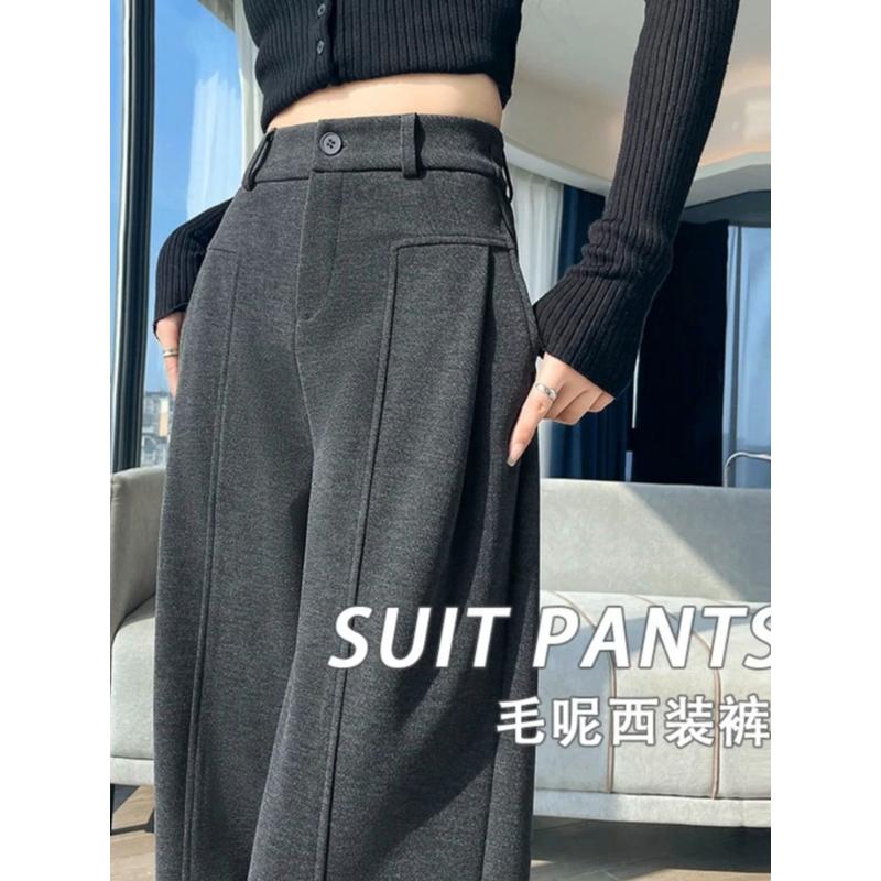 加绒毛呢阔腿裤女款2025新秋冬季弯刀裤休闲加厚灰色西装裤子
