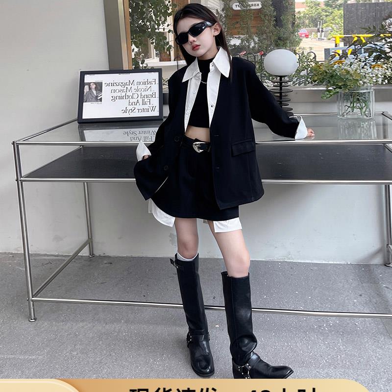 巴拉巴拉2025女童休闲时尚西装套装秋季假两件拼接西服上衣高腰半