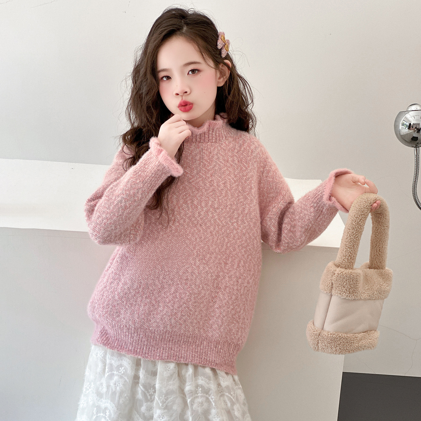 女童毛衣秋冬针织衫洋气木耳边韩版打底衫加厚儿童高领保暖上衣潮