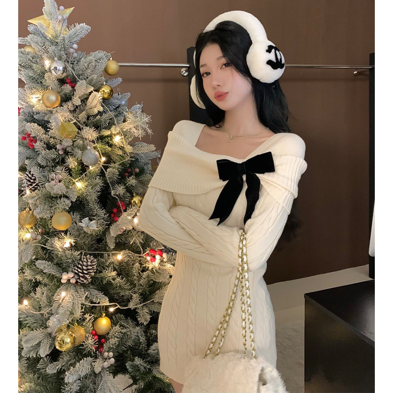 韩国圣诞新年红色战袍OL高级感蝴蝶结小个子针织毛衣连衣裙女秋冬