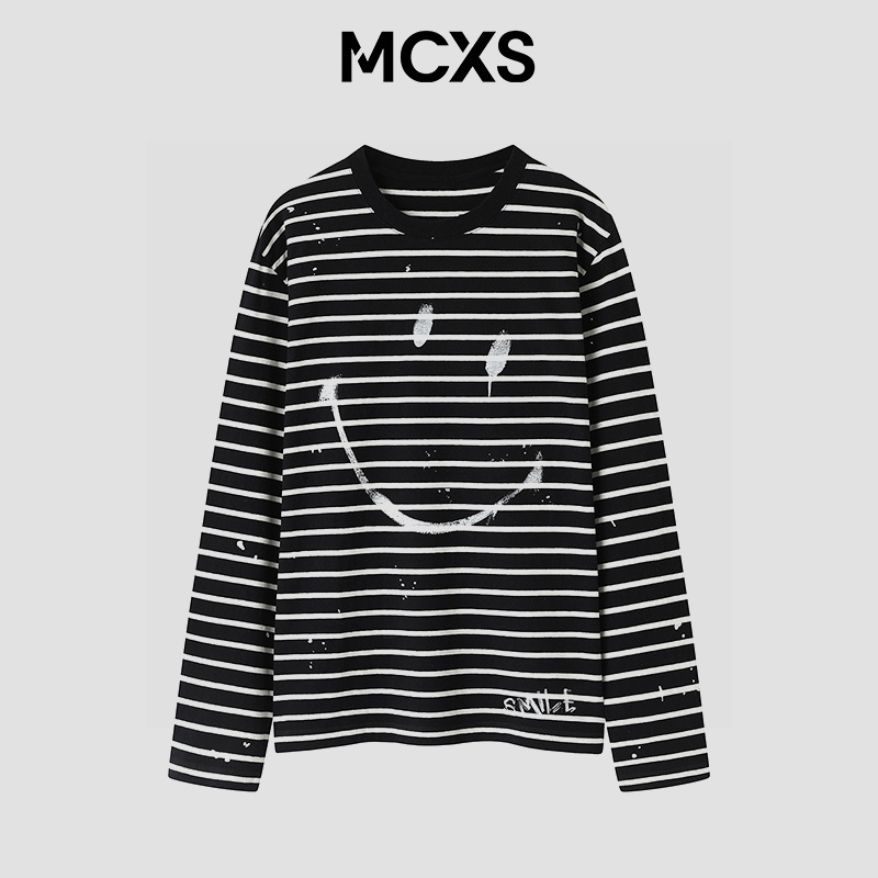 2025秋冬新款圆领笑脸涂鸦印花宽松长袖高支棉黑白条纹T恤女上衣