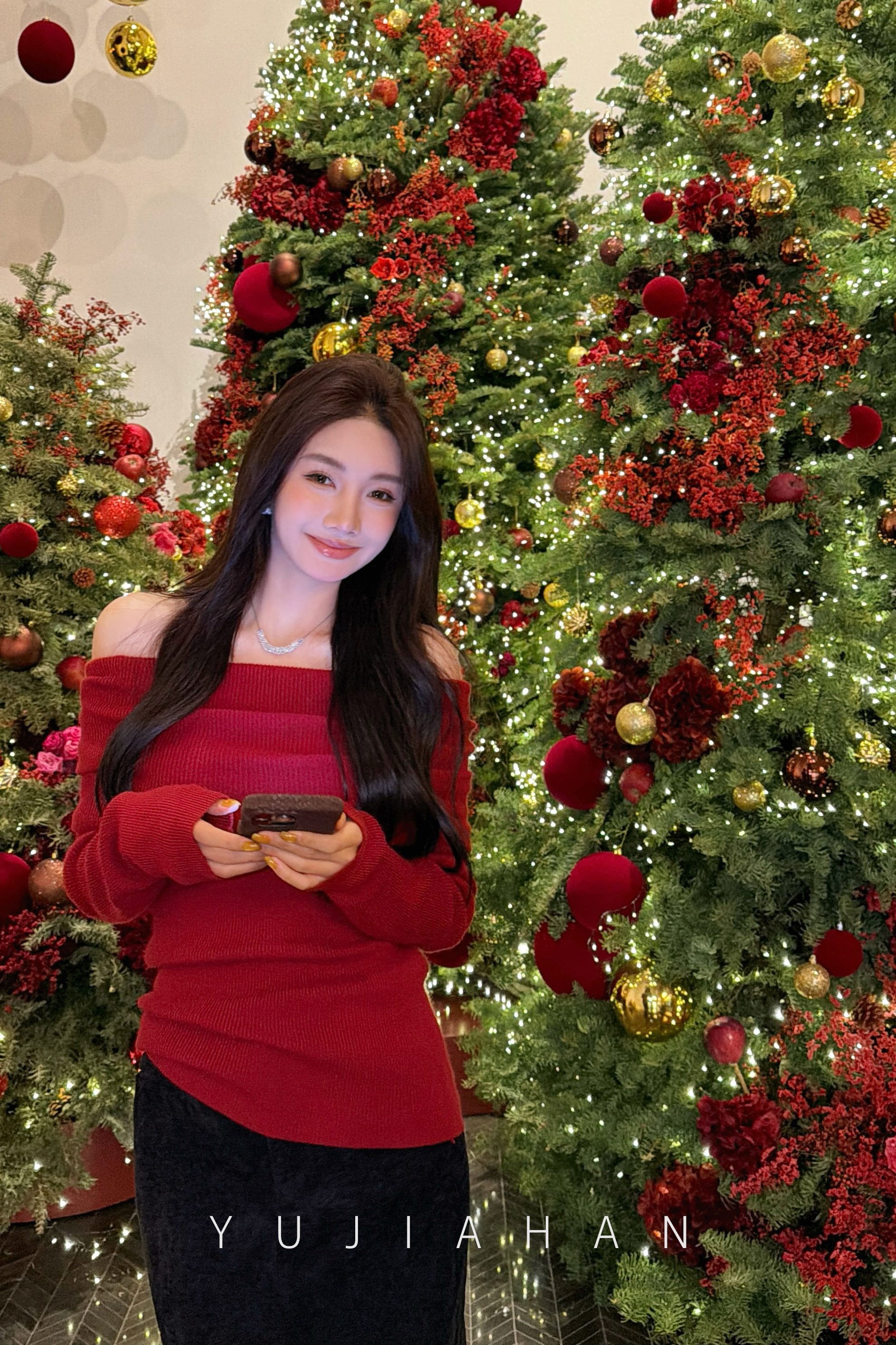 YUJIAHAN「圣诞礼物」升级版羊毛兔绒一字肩修身针织衫毛衣长袖上衣
