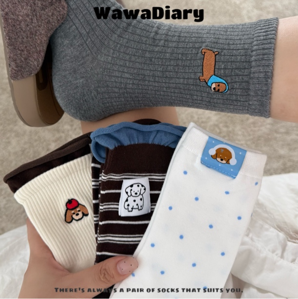 韩版秋冬卡通刺绣腊肠狗ins拼色条纹波点无骨中筒堆堆袜袜子可爱
