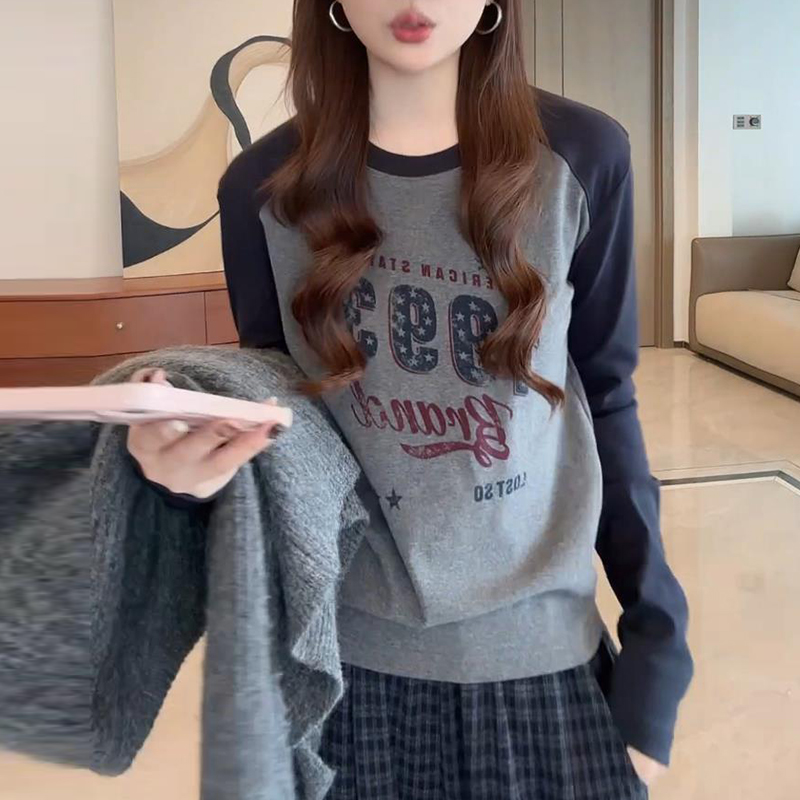 2025秋季新款时尚印花插肩袖T恤女百搭休闲圆领长袖上衣显瘦女装