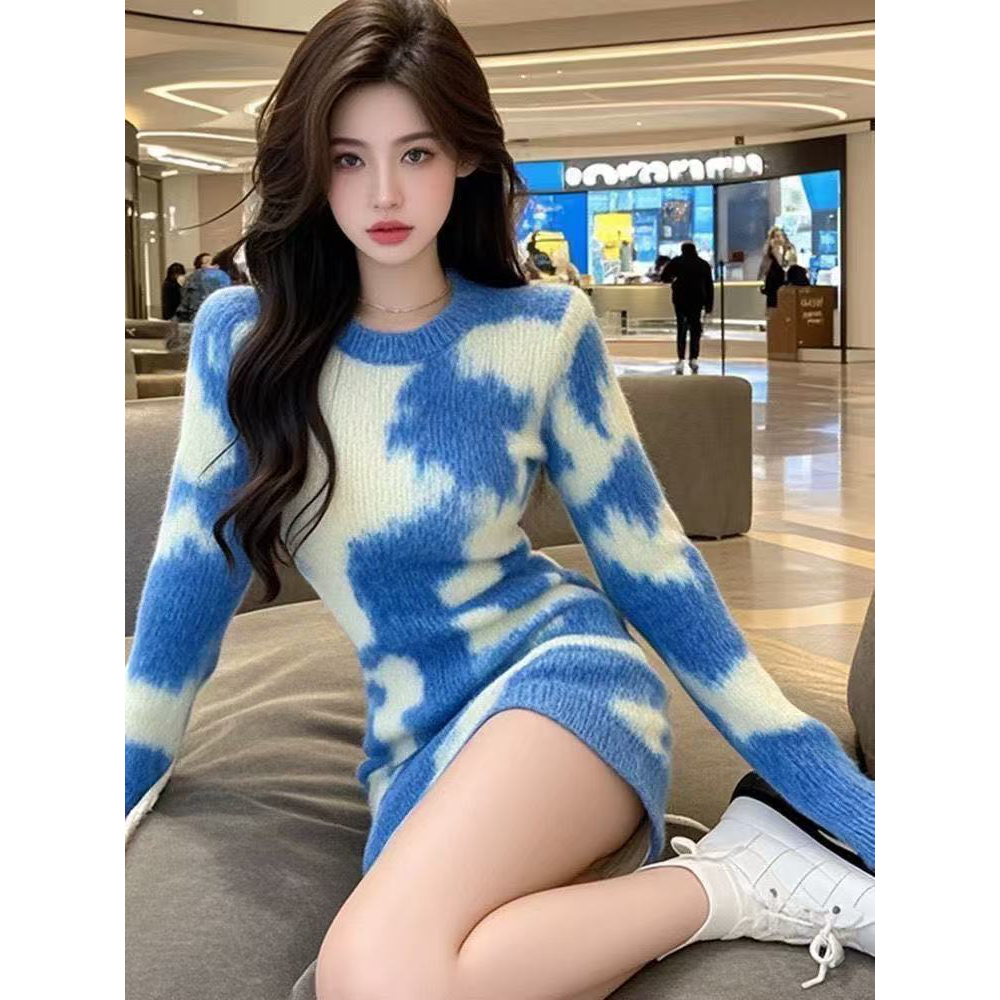 韩国仿貂毛高级设计感扎染羊绒加厚针织连衣裙秋冬慵懒风毛衣短裙