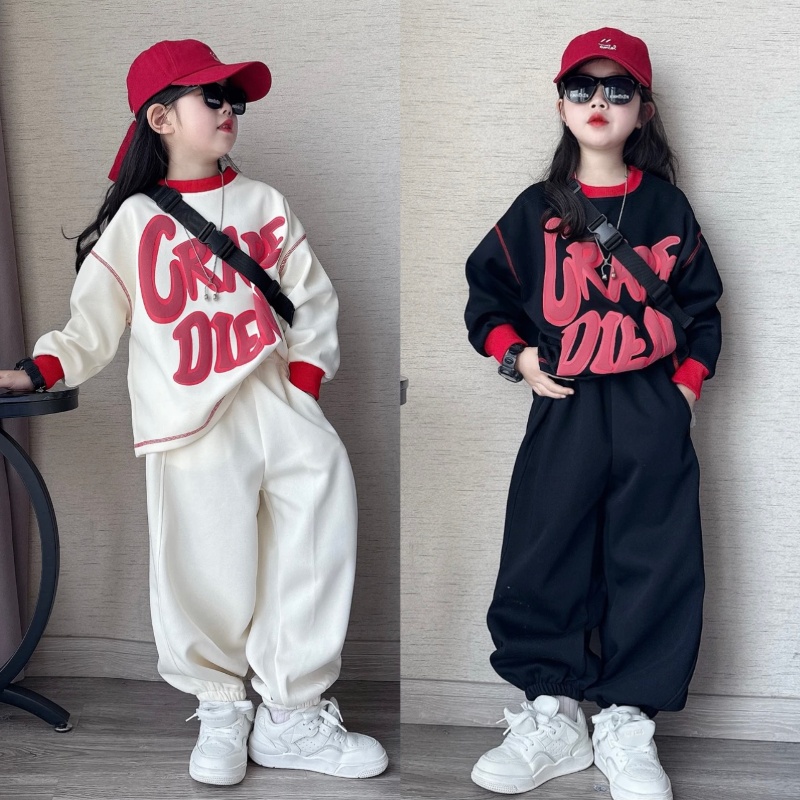 女童套装2025春秋新款洋气时髦女孩字母印花卫衣卫裤休闲两件套潮
