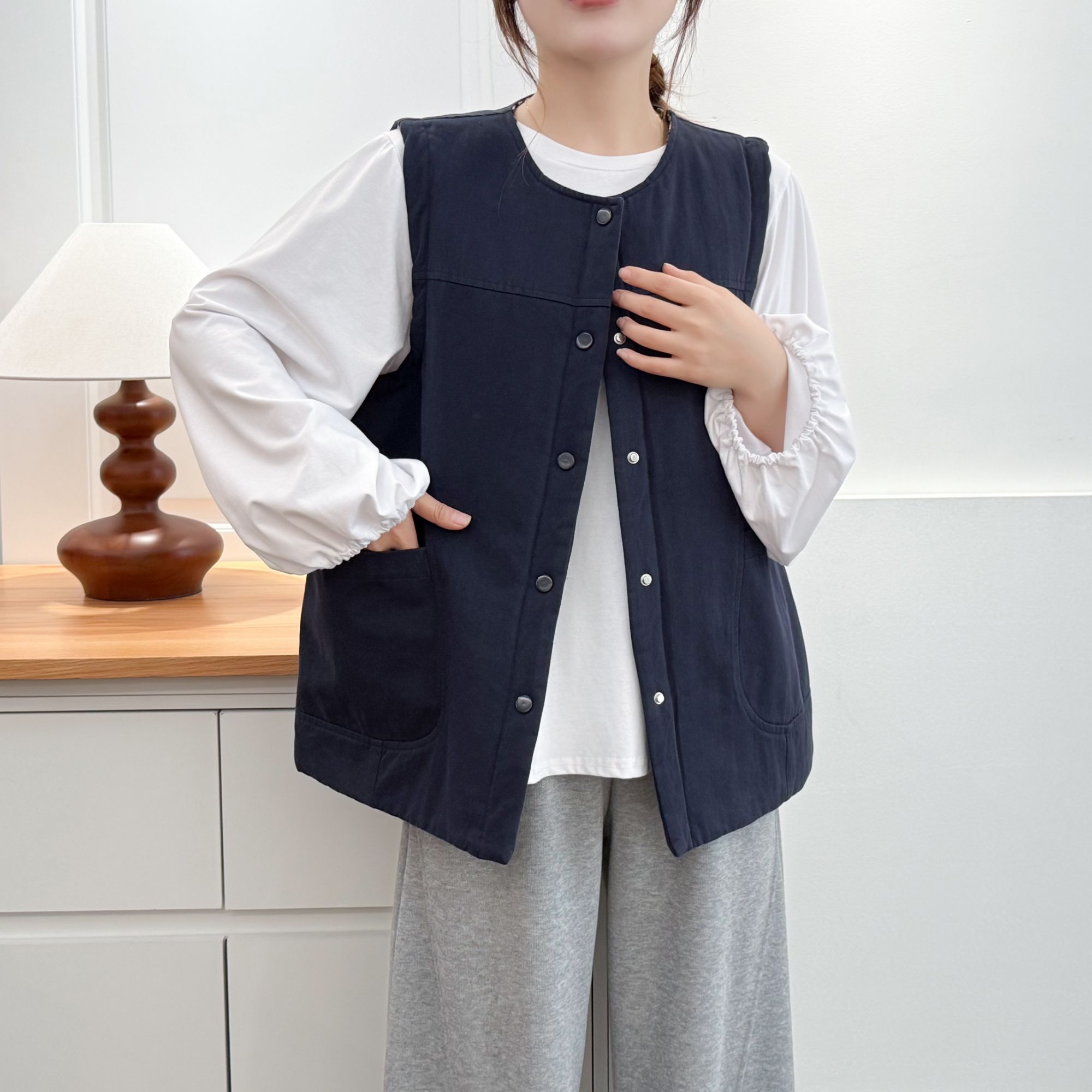 大码胖mm复古休闲全棉马夹外套女冬季夹棉圆领宽松马甲加厚棉开衫