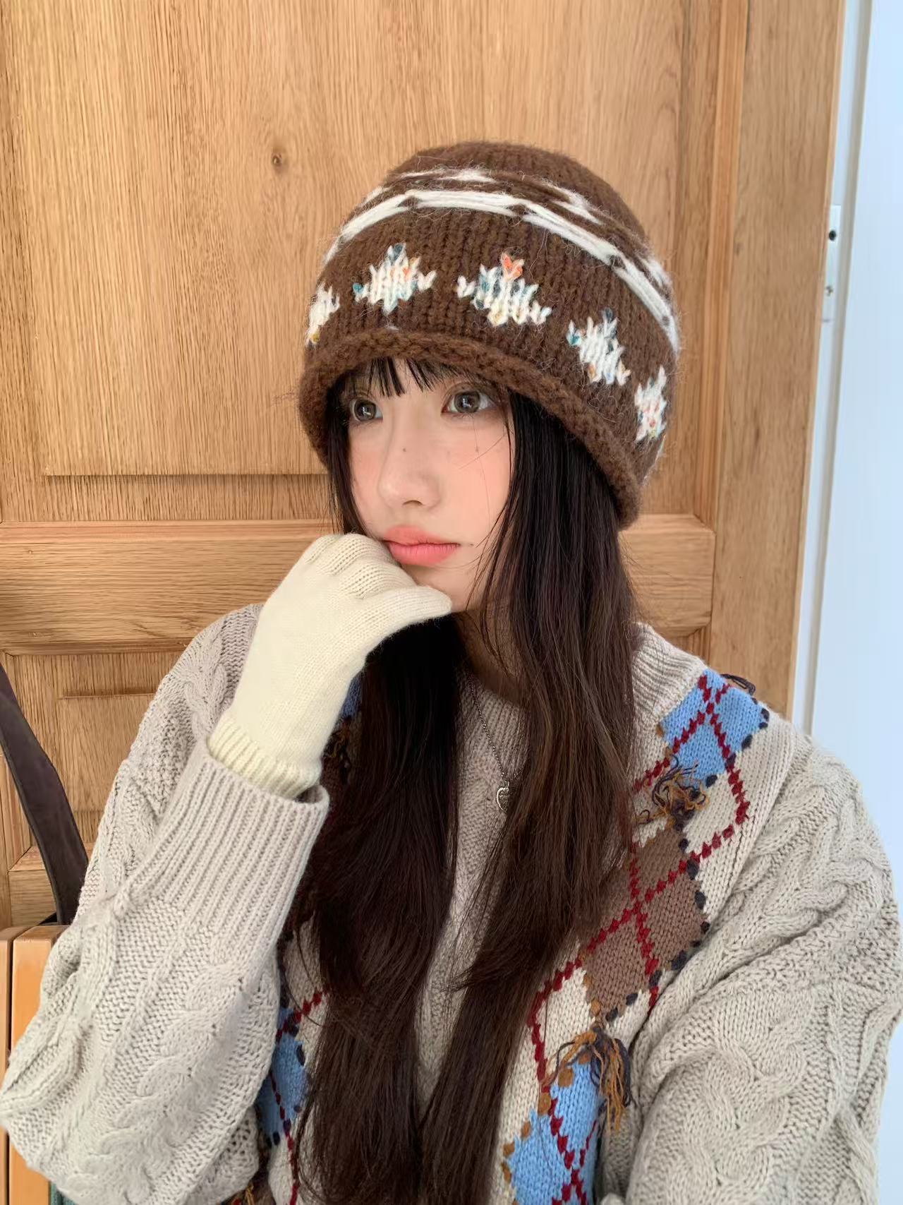 三色几何提花卷边针织堆堆帽女秋冬保暖显脸小复古氛围感毛线帽子