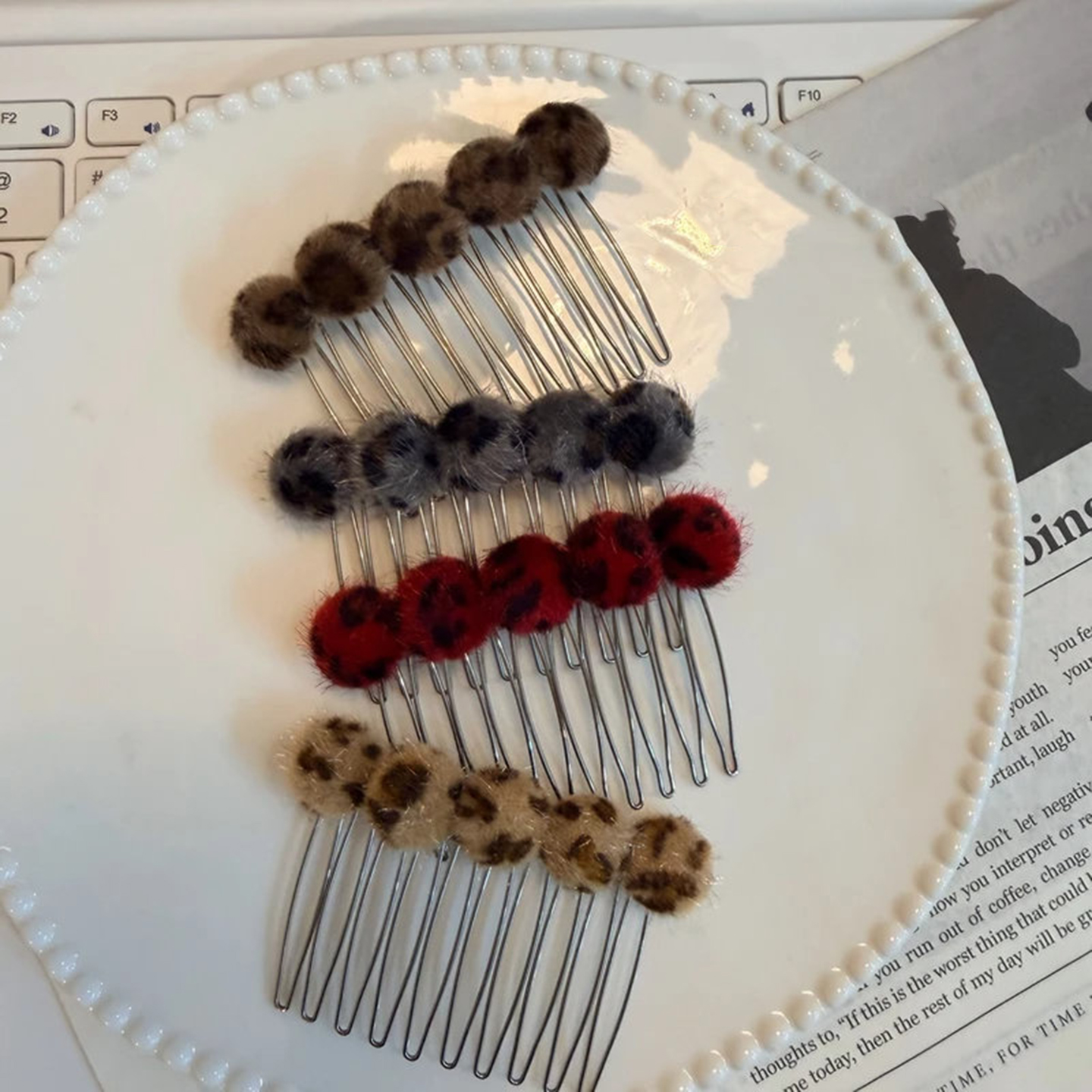 豹纹插梳2025秋冬新款7厘米毛绒豹纹倒插梳碎发高颅顶发梳头饰女