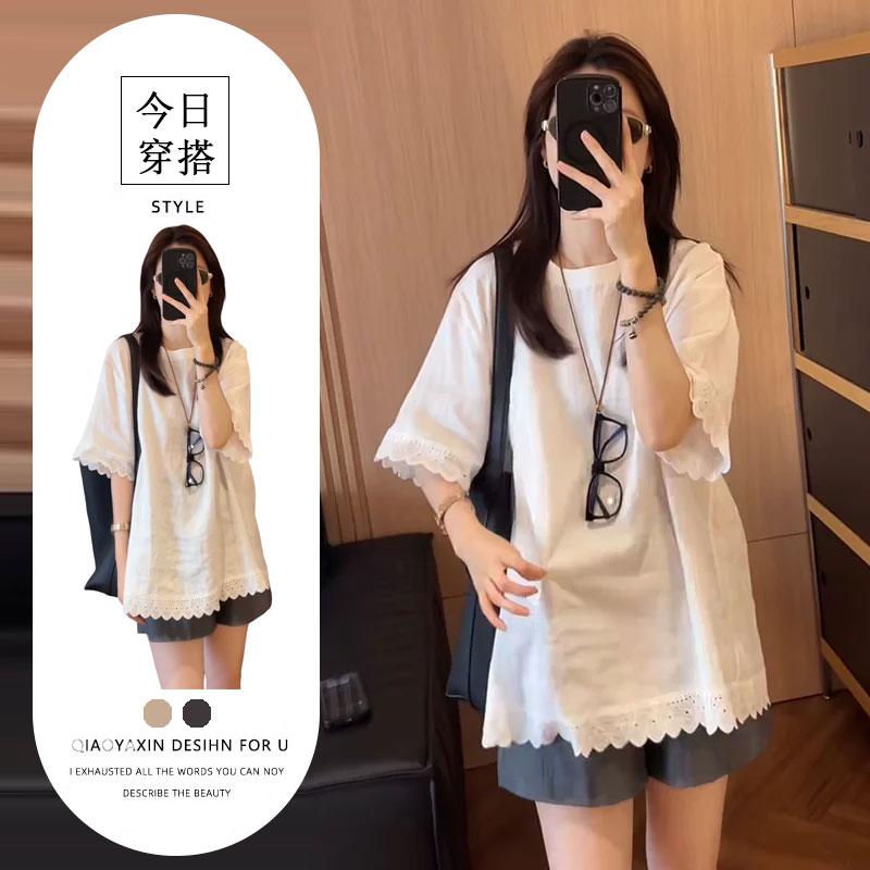 2025夏季新款拼接蕾丝花边圆领短袖T恤宽松高腰休闲短裤两件套女