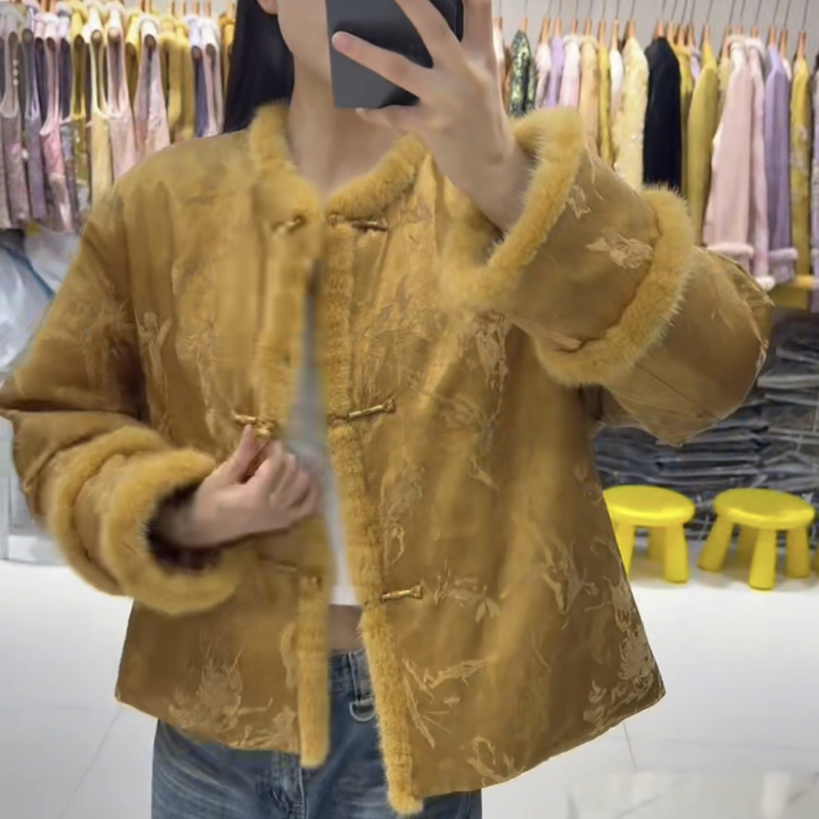 MZ NM65089新中式国风时尚潮水貂毛桑蚕丝提花工艺90白鸭绒羽绒服