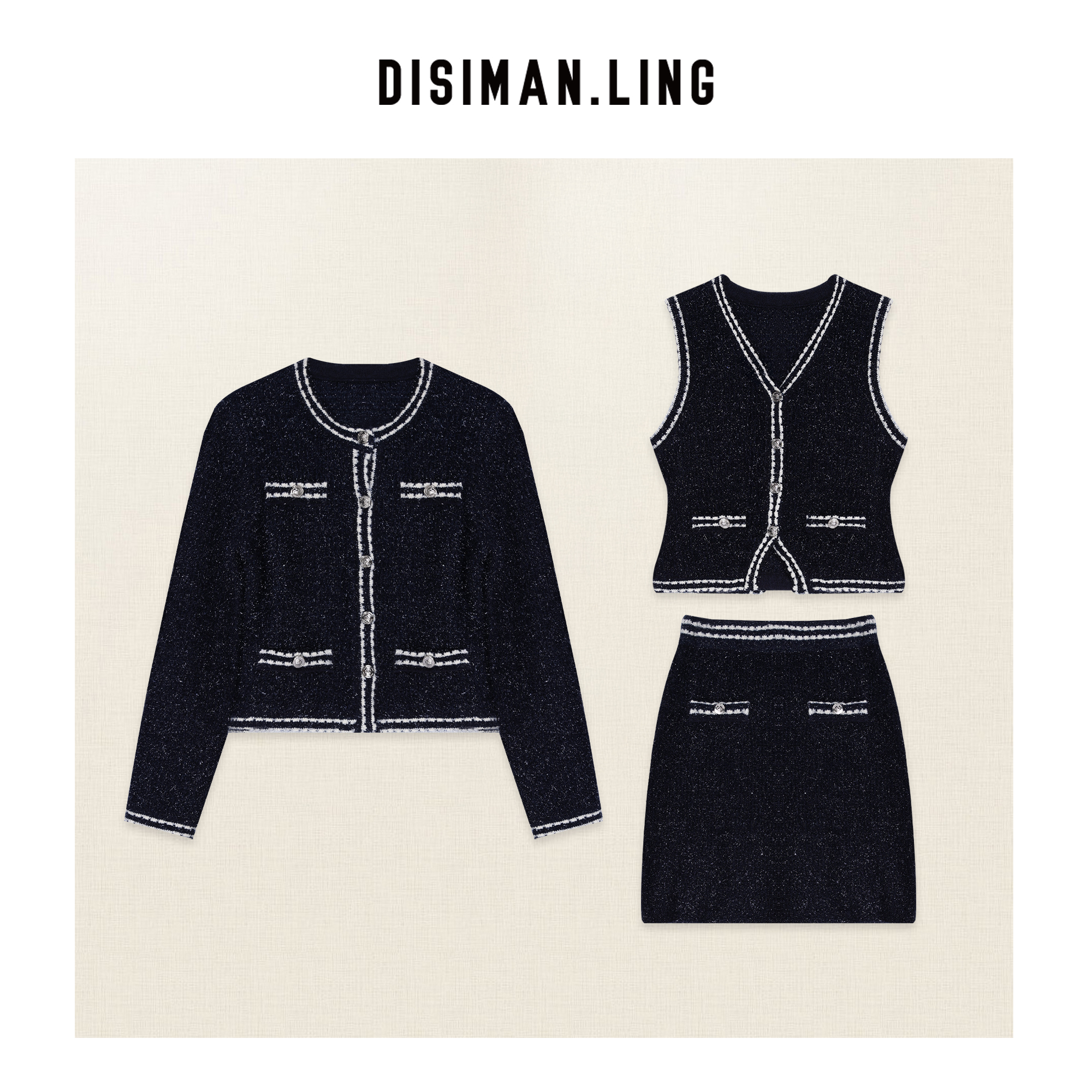 【迪丝嫚苓】宝蓝色绵羊毛套装小香风气质长袖轻奢短款时尚原创风