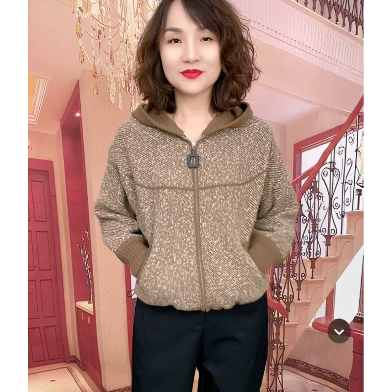 斜条纹连帽洋气针织短外套女秋冬季新款夹克衫长袖拉链上衣开衫