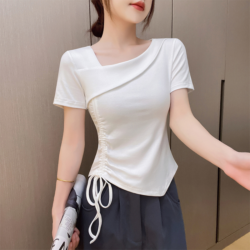 白色斜领短袖t恤女2025夏季新款螺纹抽绳小众设计感打底体恤上衣