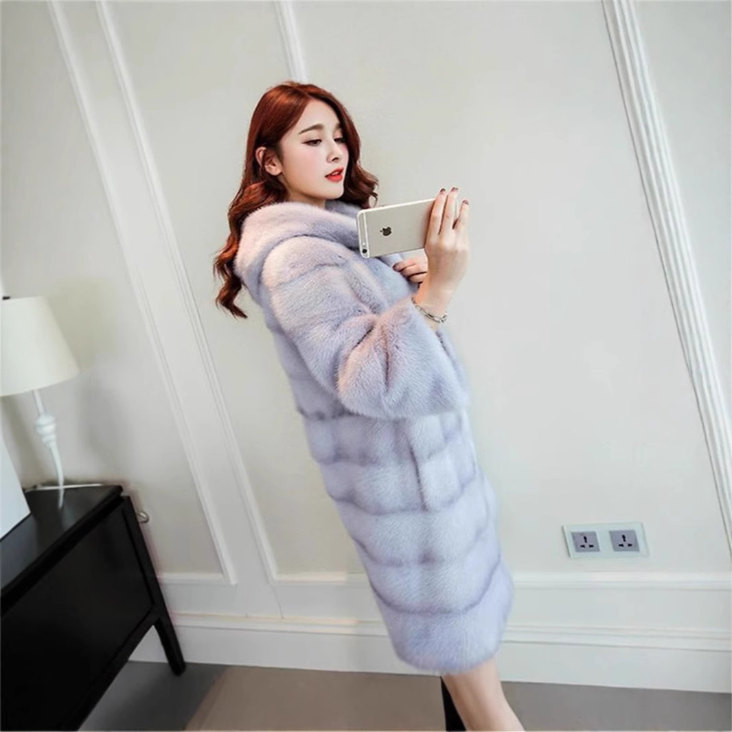 仿皮草外套2025新款水貂毛大衣女款连帽水貂毛中长款大衣环保毛毛