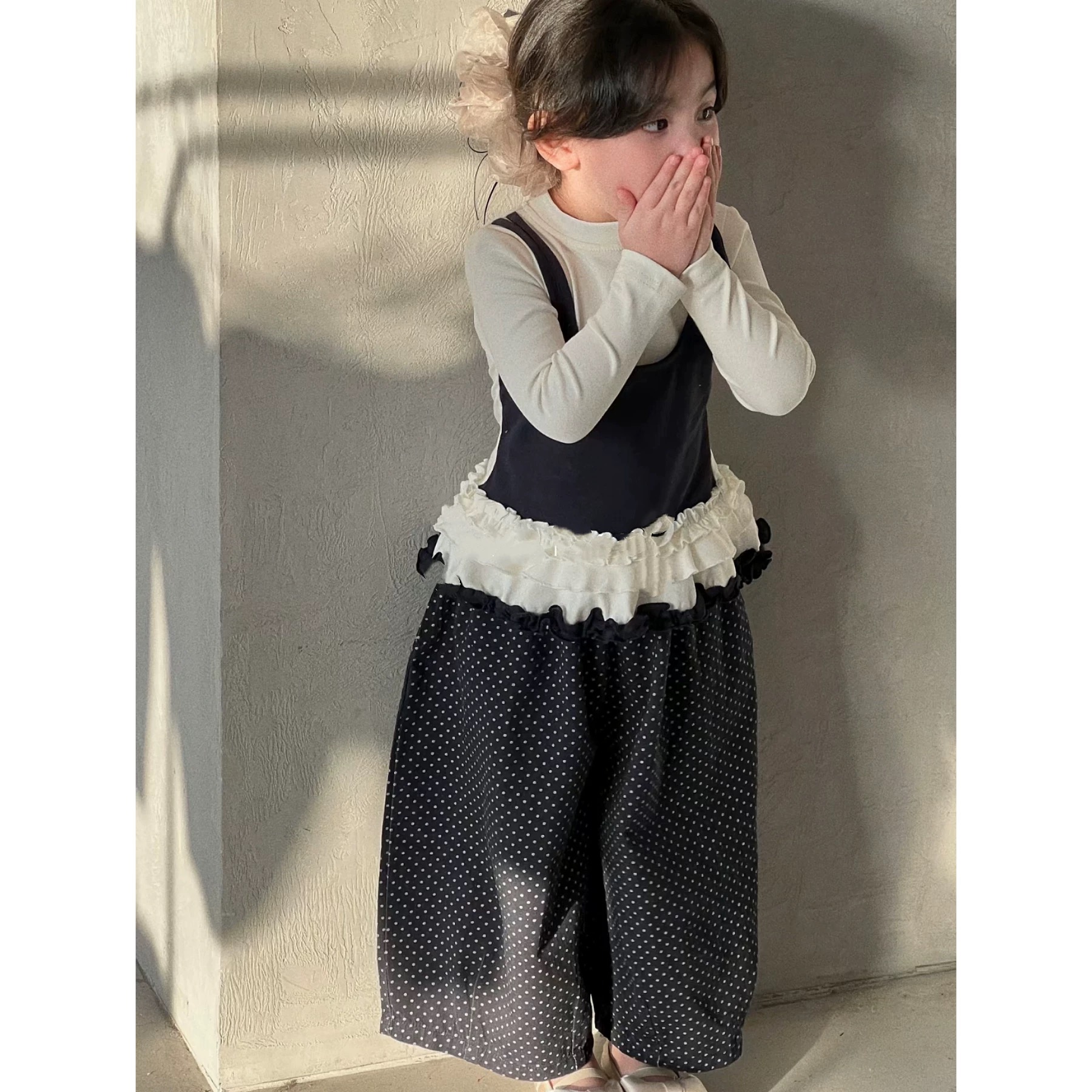 女童长袖打底衫假2件春秋2025女孩吊带拼接T恤波点阔腿裤叠穿套装