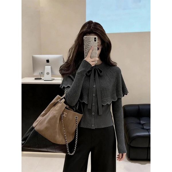 韩系格雷系慵懒高级感气质灰色斗篷蝴蝶结系带针织开衫毛衣女秋冬