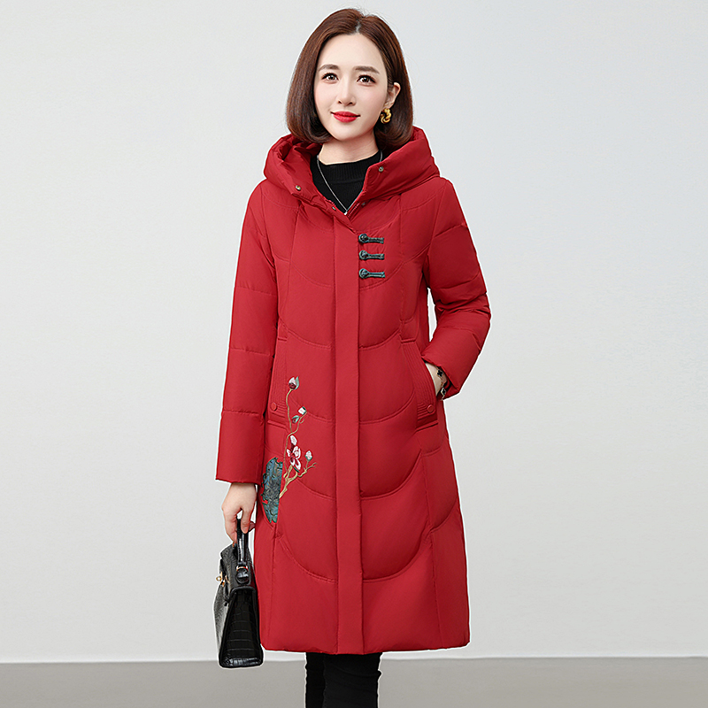 正品高档鹅绒羽绒服女2025新款妈妈长款过膝加厚中老年修身外套潮