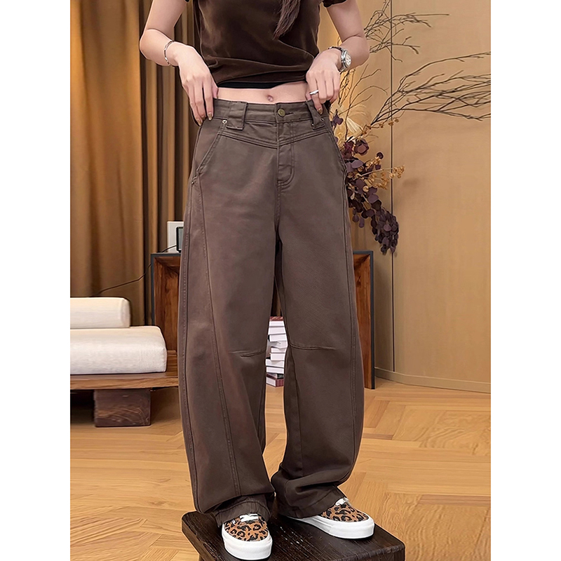 大码美式复古弯刀牛仔裤女秋季胖mm梨形显瘦宽松直筒阔腿工装裤子