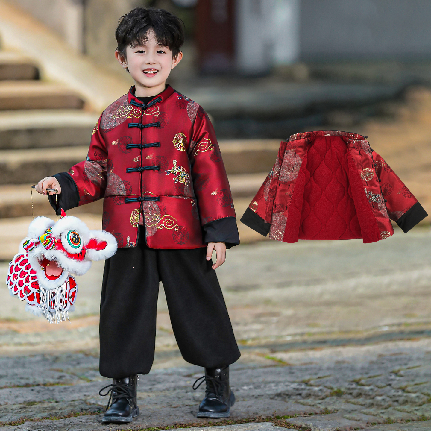 巴拉童年儿童拜年服男童唐装汉服冬季2026新年过年服红色衣服儿童