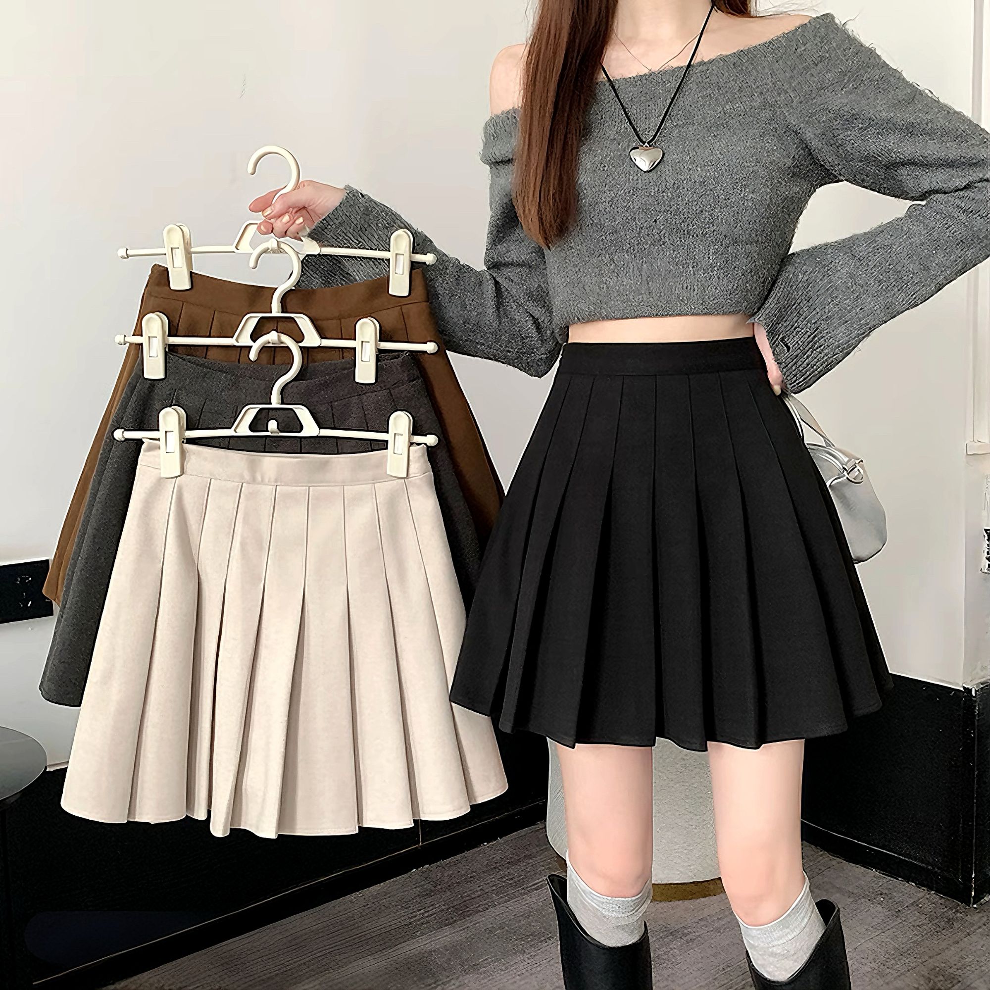 高腰毛呢加厚半身裙小个子秋冬半身裙百褶裙女款A字裙舒适显瘦