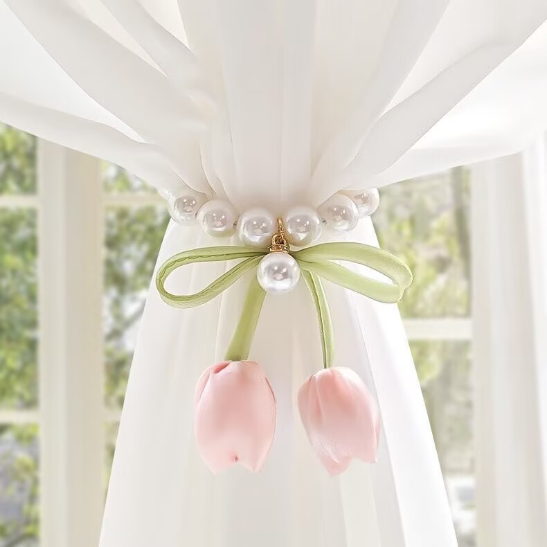 可爱郁金香窗帘绑带绑饰简约现代花朵可调节绳子纱帘捆束带窗帘扣