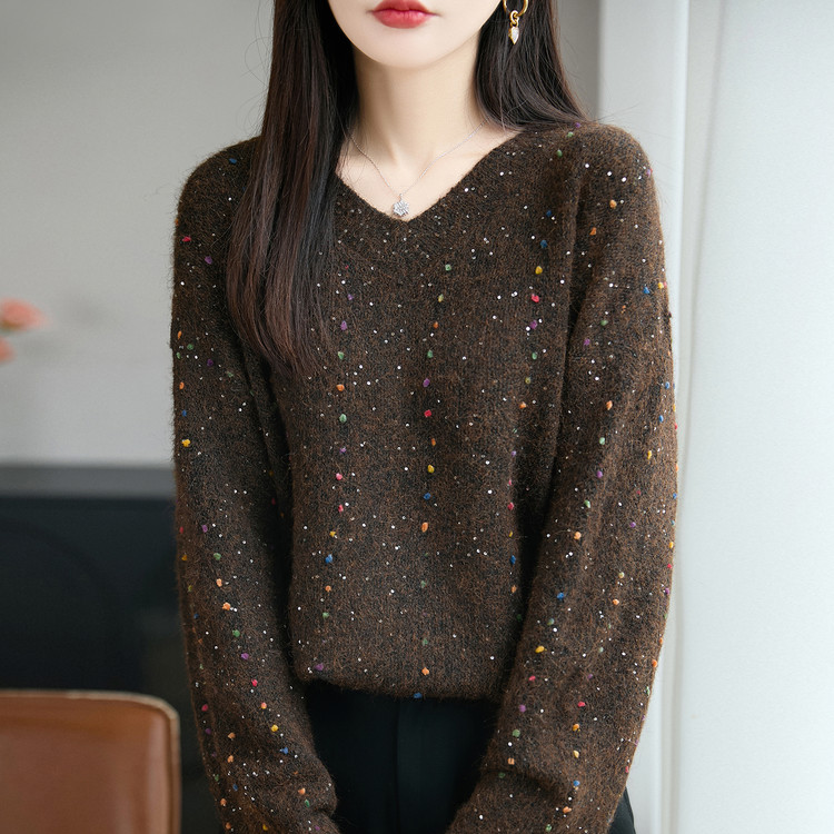 咖啡色星空彩点V领羊毛衫女秋冬宽松慵懒风针织衫显瘦毛衣打底衫