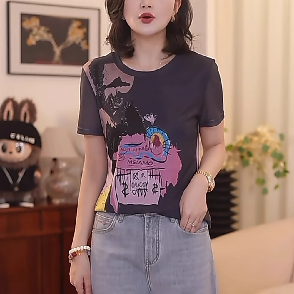 灰色t恤短袖女士夏季2025新款时尚显瘦减龄卡通印花正肩体恤上衣