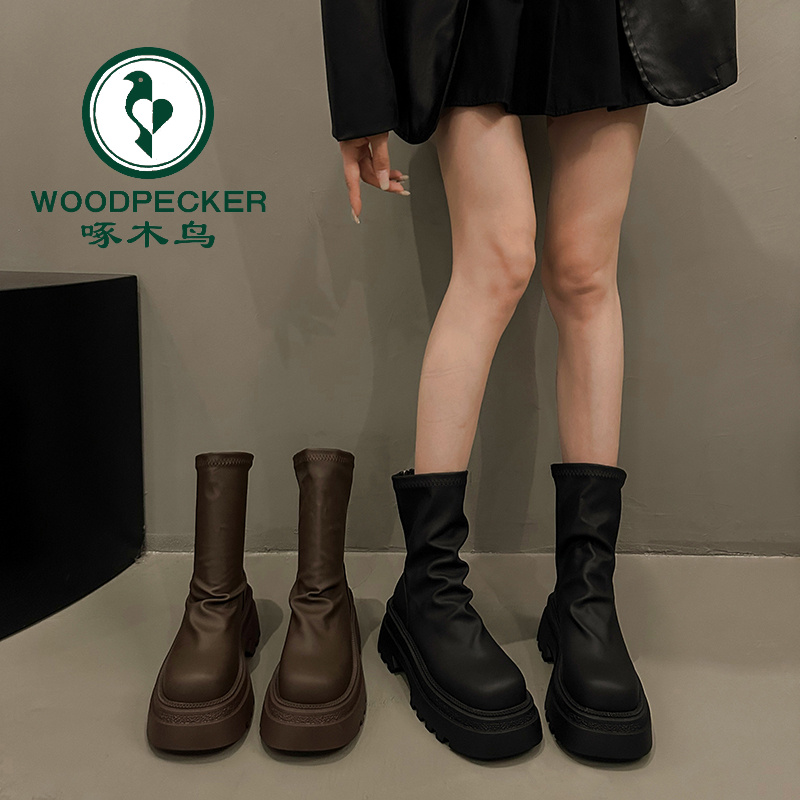 啄木鸟短靴女厚底弹力靴2025秋季新款瘦瘦靴显瘦堆堆靴中筒马丁靴