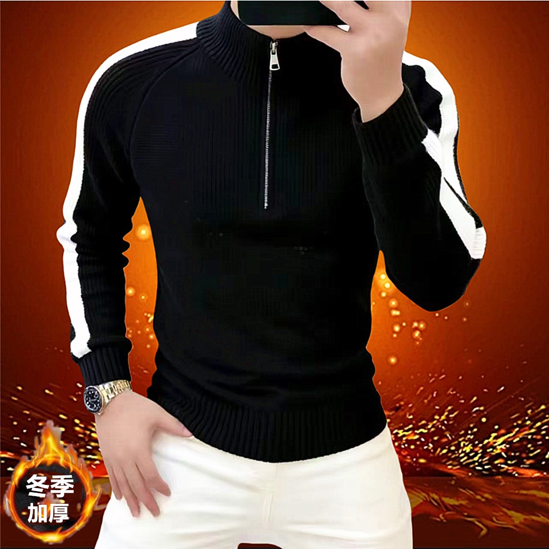 时尚拼接针织衫毛衣男士秋冬半拉链圆领上衣百搭潮流男休闲打底衫