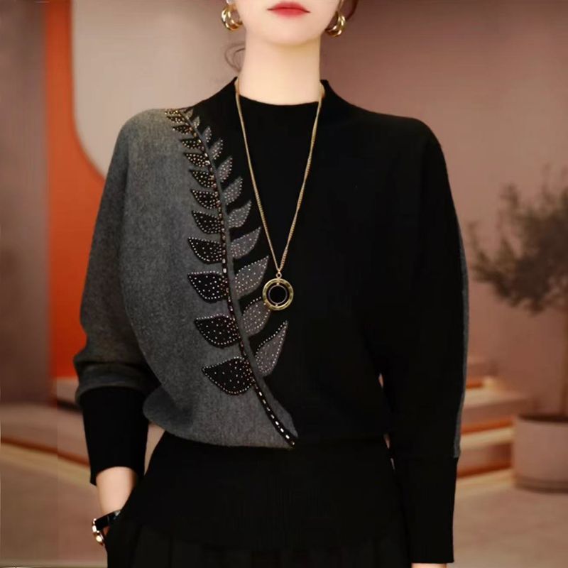 高端洋气烫钻拼色长袖针织衫女2025冬季新款宽松显瘦气质百搭毛衣