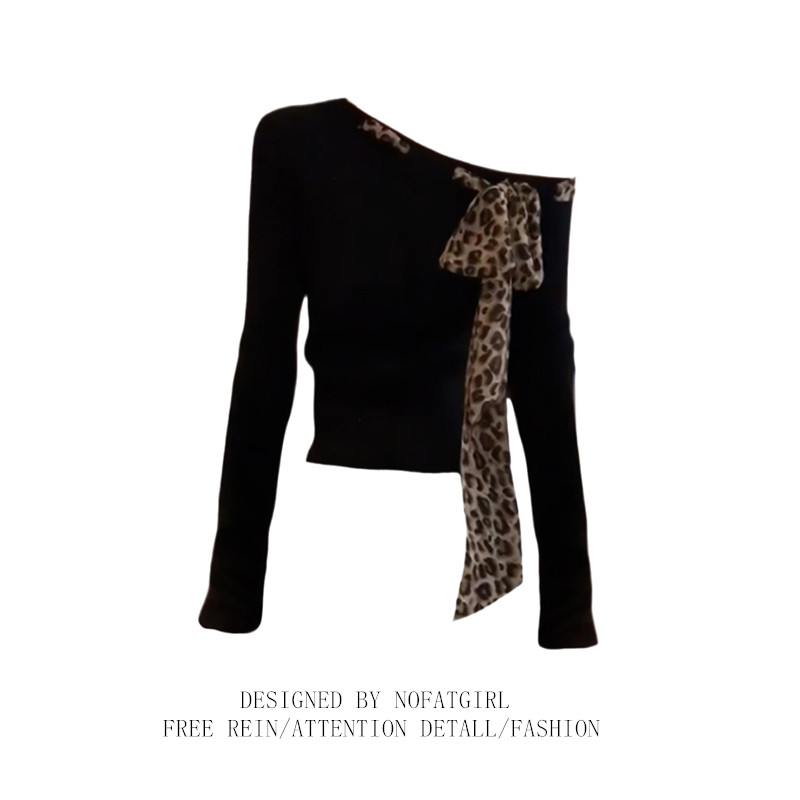 大码胖MM美式纯欲辣妹斜肩豹纹长袖T恤女秋2025修身黑色打底上衣
