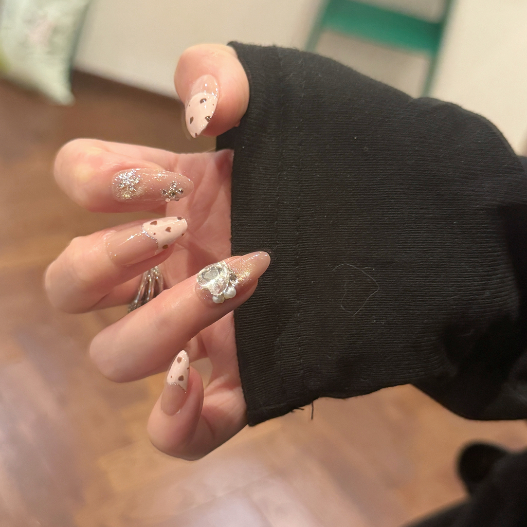 1100皮粉豹纹显白高级不规则法式纯手工穿戴甲可反复佩戴杏美甲