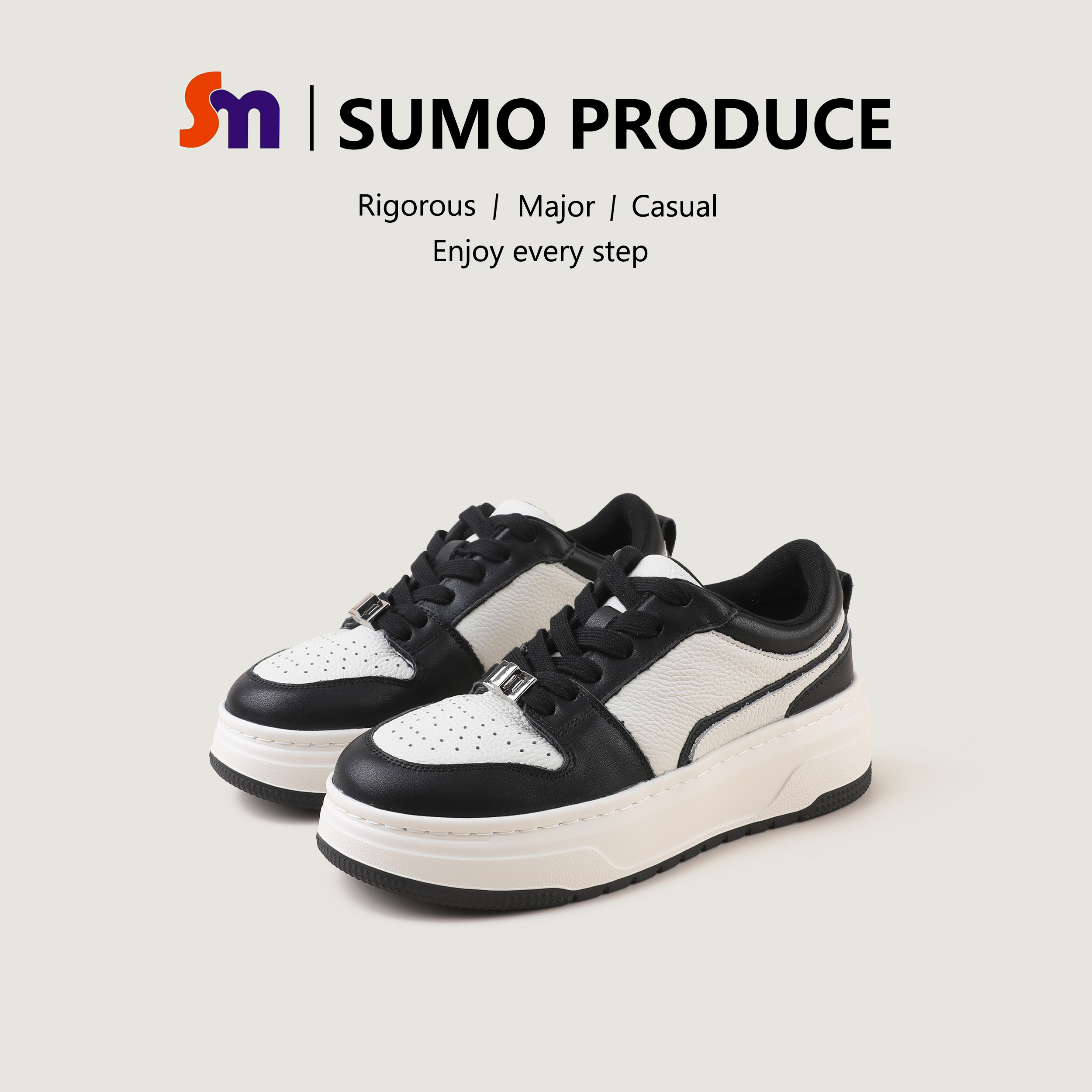 素陌头层牛皮厚底板鞋熊猫鞋真皮增高鞋女百搭拼色休闲鞋87080