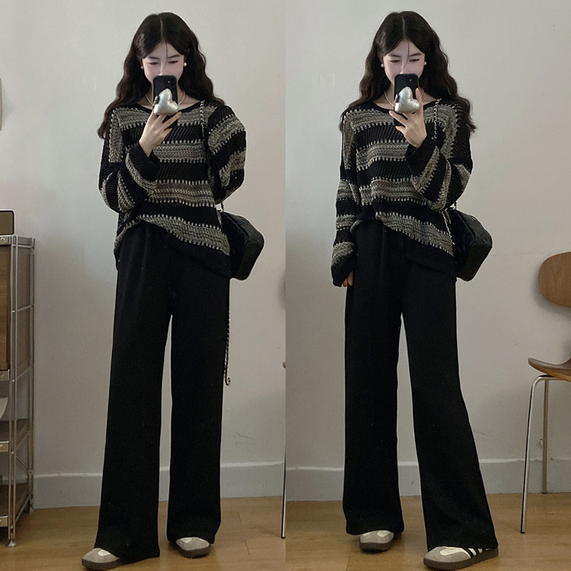 大码胖mm新款撞色条纹百搭显瘦慵懒风针织上衣+长裤两件套装女