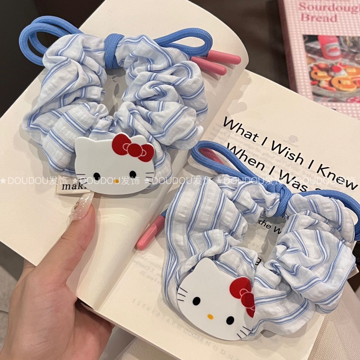 韩系KT猫咪蝴蝶结大肠发绳清爽条纹大号发圈头绳丸子头皮