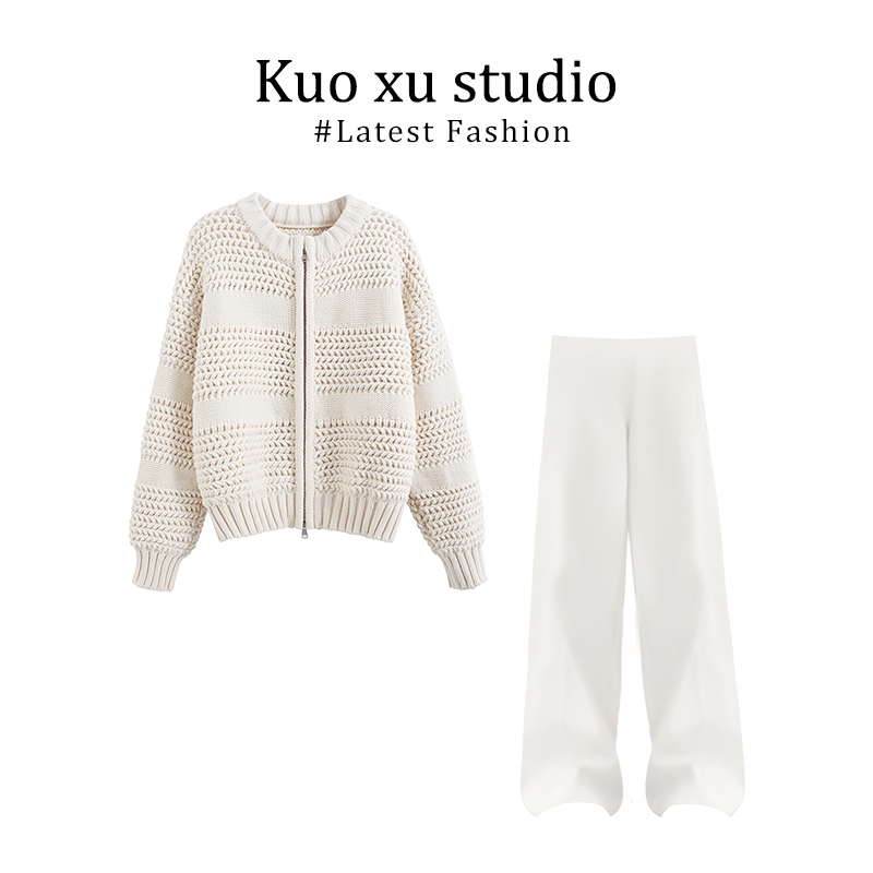 2025早秋设计感针织开衫百搭宽松显瘦长袖毛衣外套宽松高腰阔腿裤