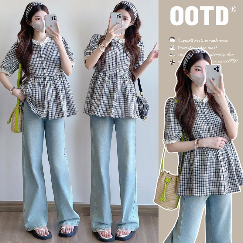 2025孕妇装夏季新款花边领黑白格纹时尚百搭大码孕妇宽松遮肚衬衣