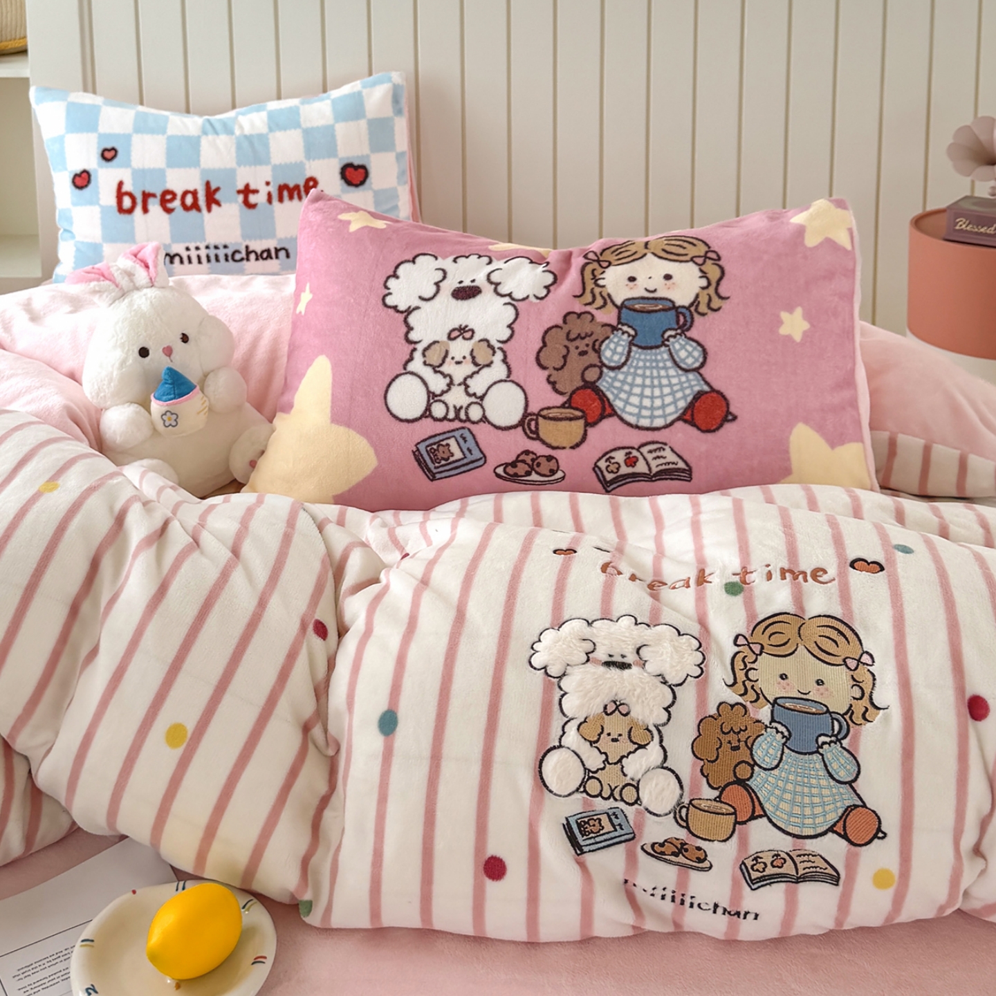 少女心冬季法兰牛奶绒被套床上四件套加厚贴布绣珊瑚绒床单三件套