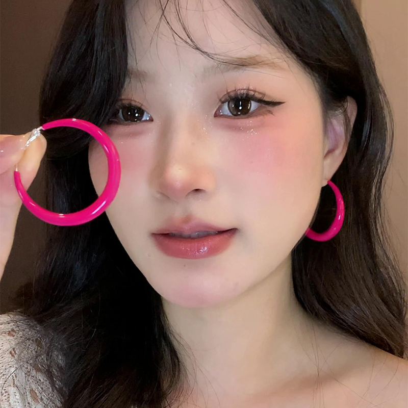 铜合金耳饰 时尚玫红色大耳圈 百搭亮眼耳环