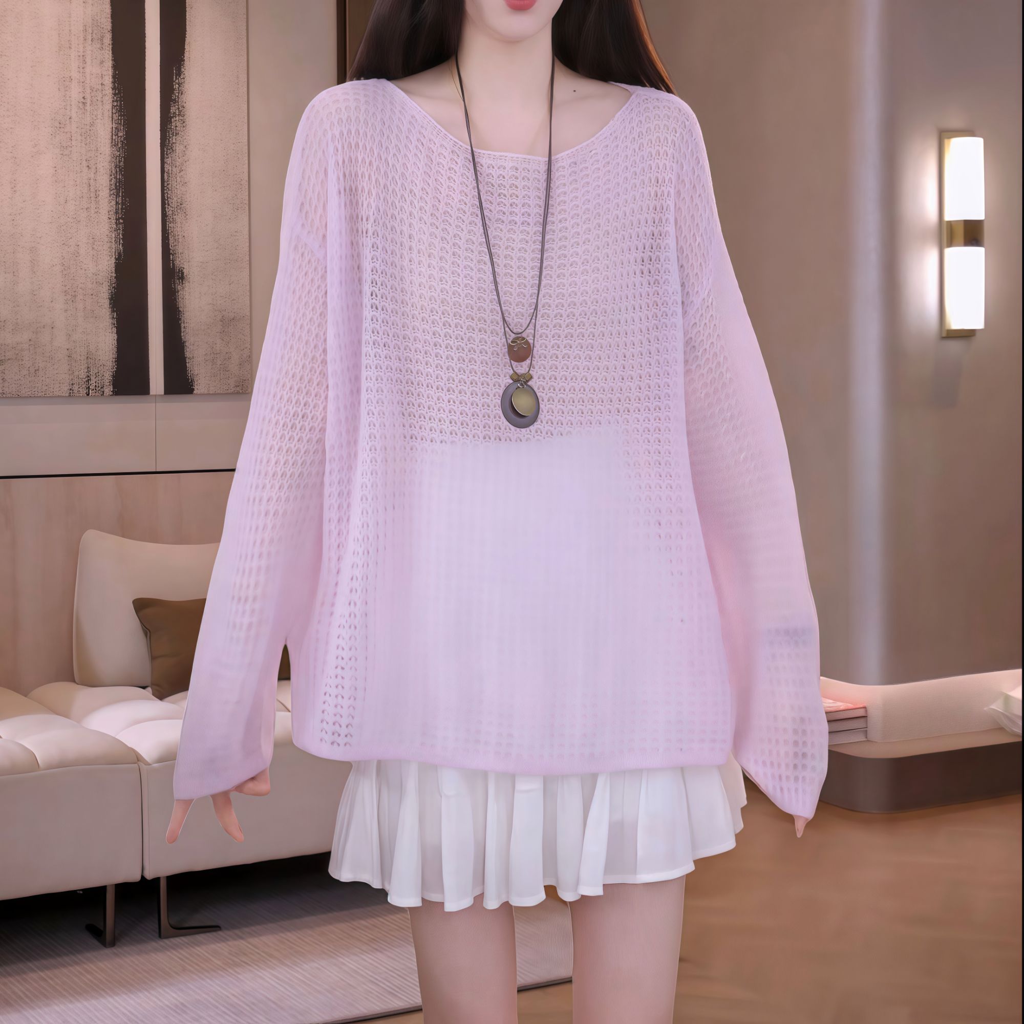 秋季宽松镂空圆领长袖针织衫女2025休闲百搭薄款透气柔软弹性上衣