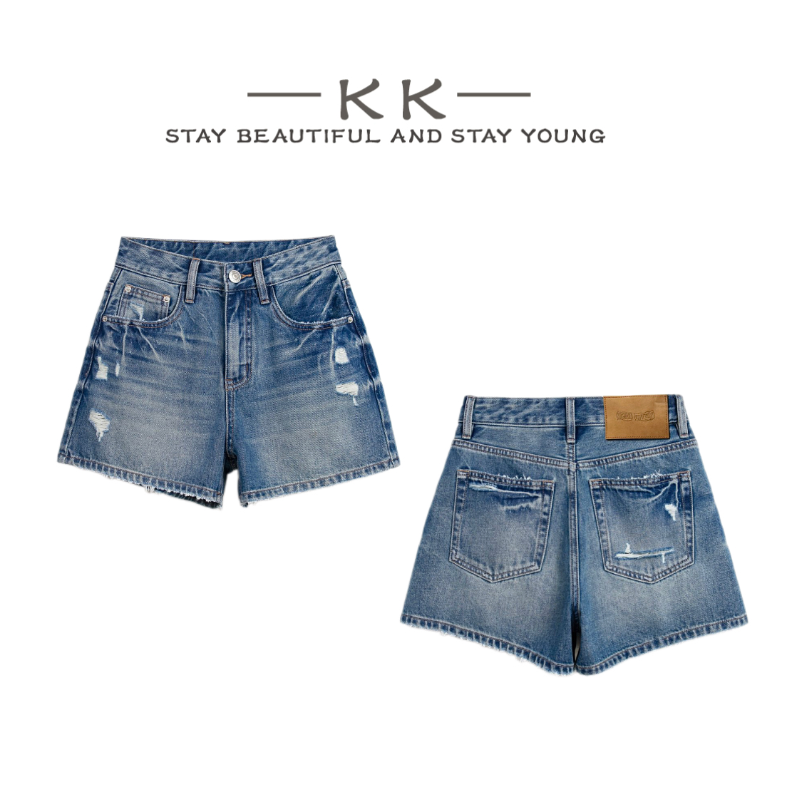 KK欧版 · 三分猫爪纹 · 夏季三分高腰A字版显瘦薄款百搭牛仔短裤