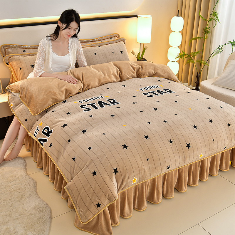 宠粉浮力《新品爆款》高克重加厚保暖床裙式床单款牛奶绒四件套