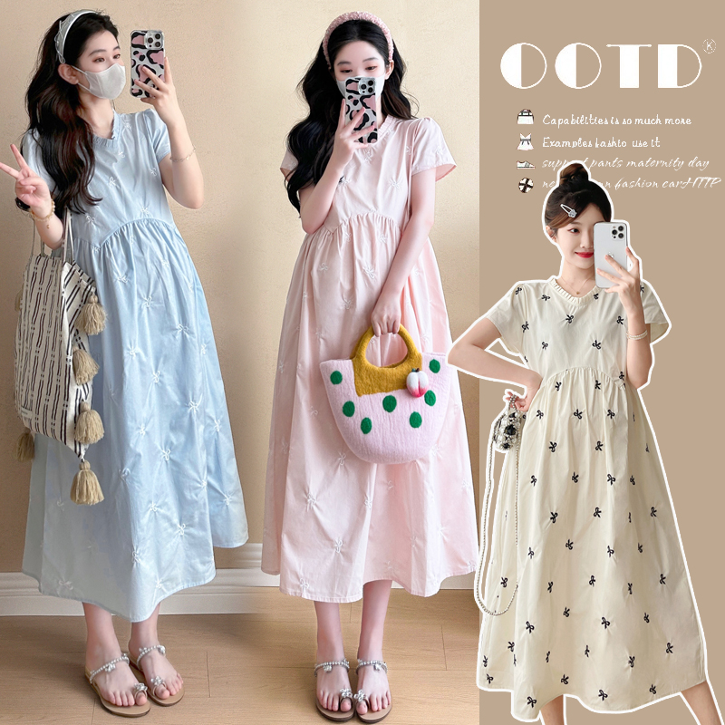 2025夏季新品孕妇装蝴蝶刺绣百褶领连衣裙洋气时尚外穿春秋款