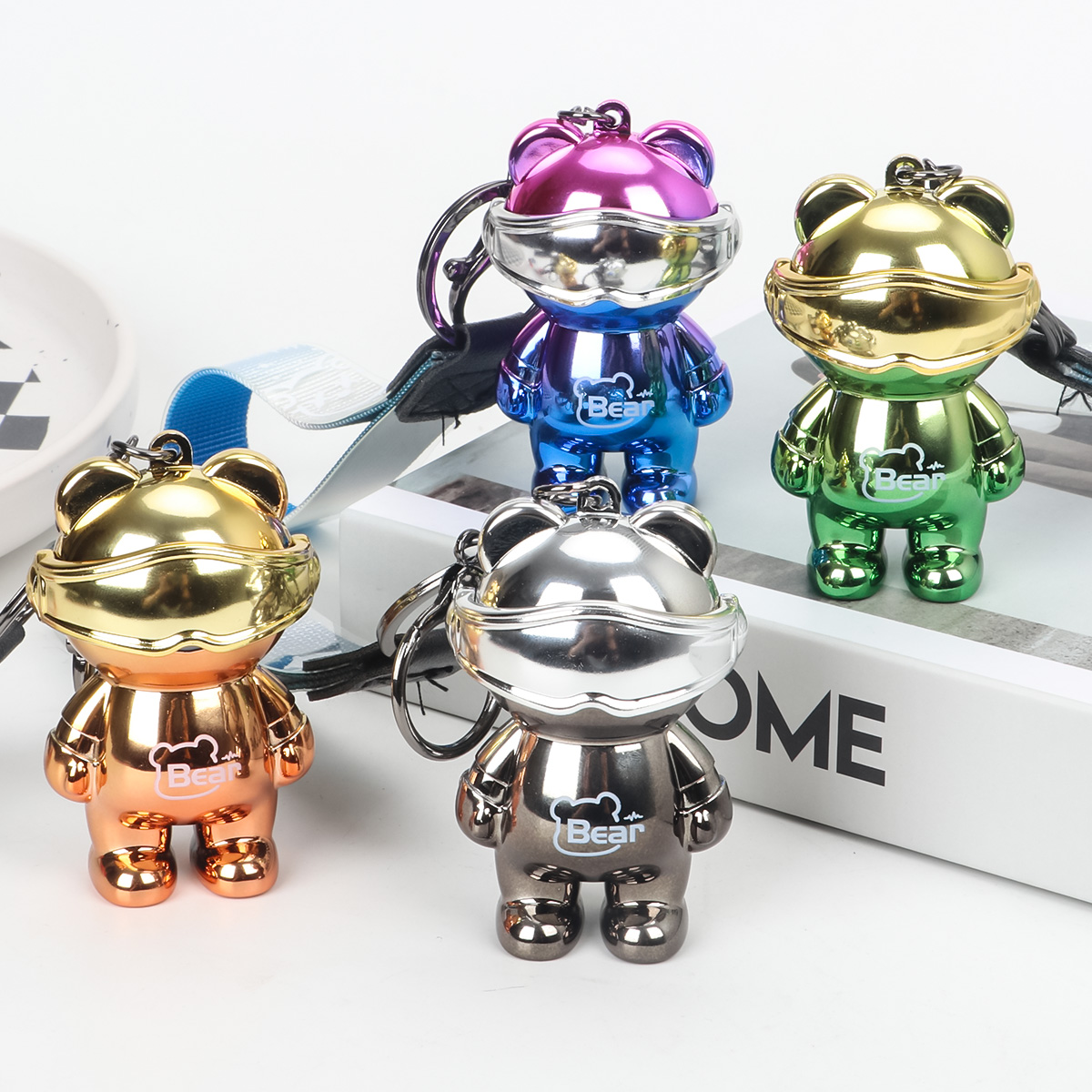 微笑鲨迷你渐变机械熊卡通手电筒创意发光钥匙扣照明灯