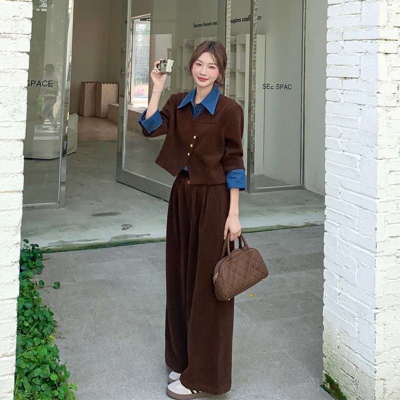 复古氛围感美拉德假两件上衣阔腿裤2025春秋新款简约通勤风套装裤