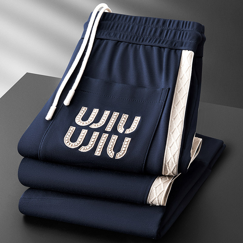 高端时尚织带小脚休闲卫裤男修身夏季薄款时尚字母刺绣欧货运动裤