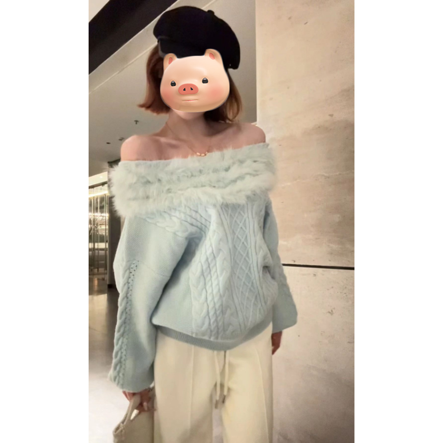 法式一字肩毛边拼接蓝色麻花毛衣女秋冬加厚慵懒风露肩针织衫上衣